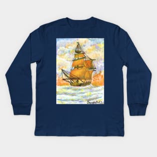 ship sailing in the sense colorful warm colors seascape acrylic painting Kids Long Sleeve T-Shirt